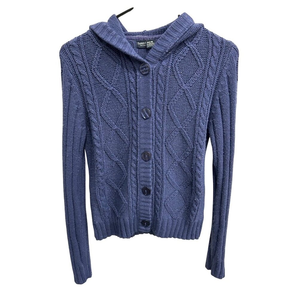 Faded Glory Blue Cable Knit Button Up Cardigan With Hood SZ XL